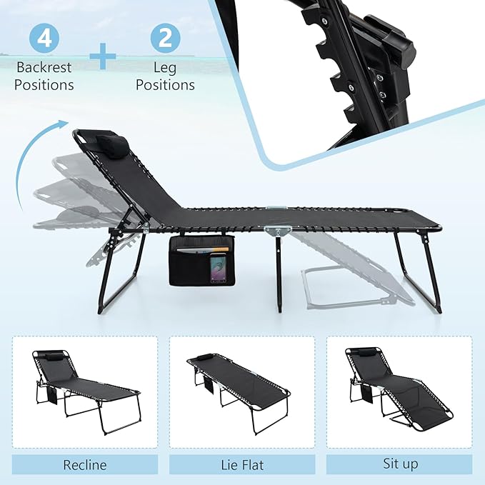Giantex Lounge Chair Outdoor, Folding Tanning Chair with 4 Adjustable Positions, Removable Headrest, Footrest, Side Pocket, Load 440 Lbs, Portable Recliner for Lawn, Yard, Beach, Sunbathing (2, Black)