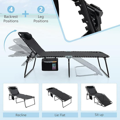 Giantex Lounge Chair Outdoor, Folding Tanning Chair with 4 Adjustable Positions, Removable Headrest, Footrest, Side Pocket, Load 440 Lbs, Portable Recliner for Lawn, Yard, Beach, Sunbathing (2, Black)