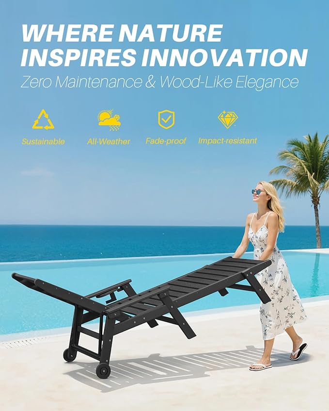 HDPE Outdoor Chaise Lounge, 78.4'' Poly Lounge Chair with Rolling Wheels & Cup Holder, 5 Positions Adjustable Outdoor Lounger, HDPE Patio Chaise Lounge Chair for Pool, Backyard, Obsidian