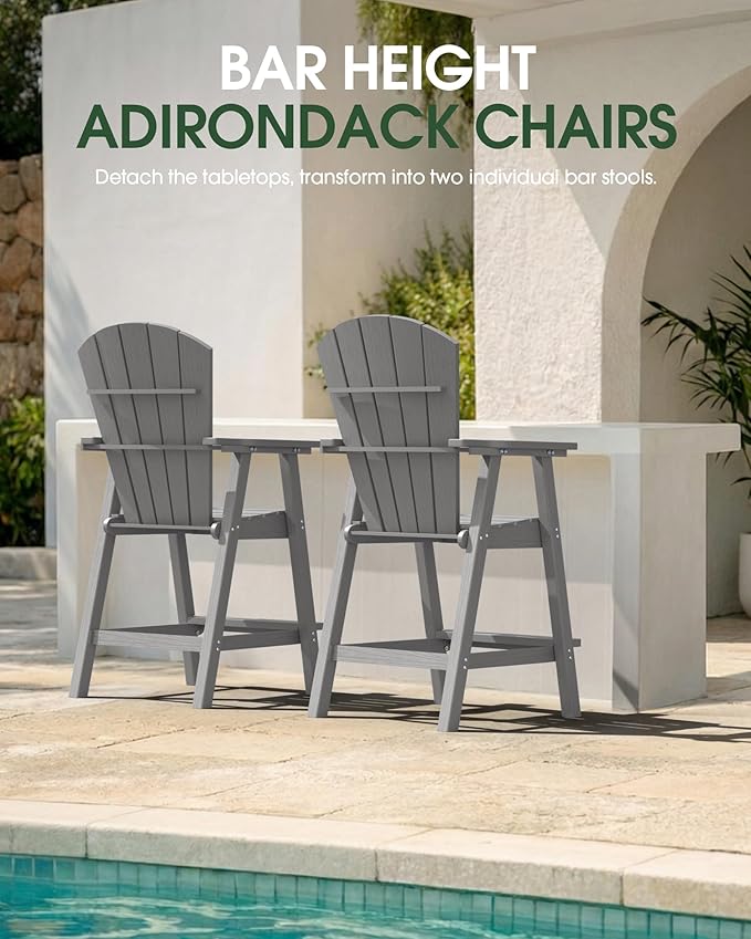 Tall Adirondack Chairs Set of 4, HDPE High Adirondack Chairs with Double Removable Trays, All Weather Outdoor Barstools for Patio, Balcony, Backyard, Deck and Garden, Grey