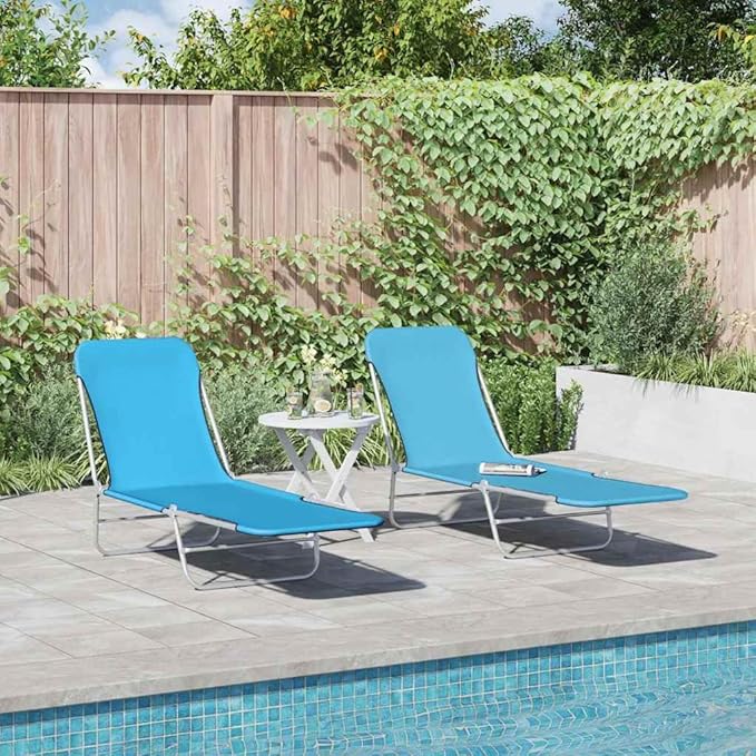 Folding Blue Outdoor Chaise Lounge Set of 2, 72 x 22 x 9 in Powder-Coated Steel, Adjustable Backrest, Lightweight Beach Lounge Chair for Patio Poolside Garden
