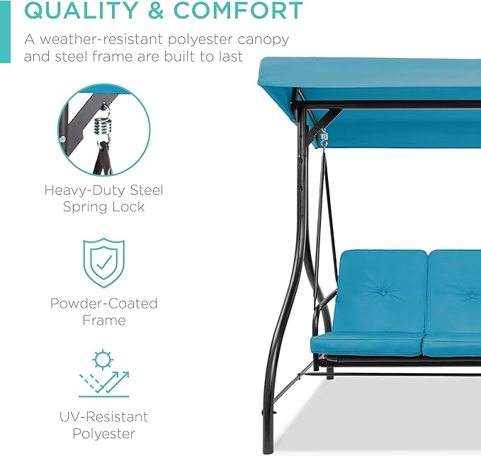 Best Choice Products 3-Seat Outdoor Large Converting Canopy Swing Glider, Patio Hammock Lounge Chair for Porch, Backyard w/Flatbed, Adjustable Shade, Removable Cushions - Sky Blue