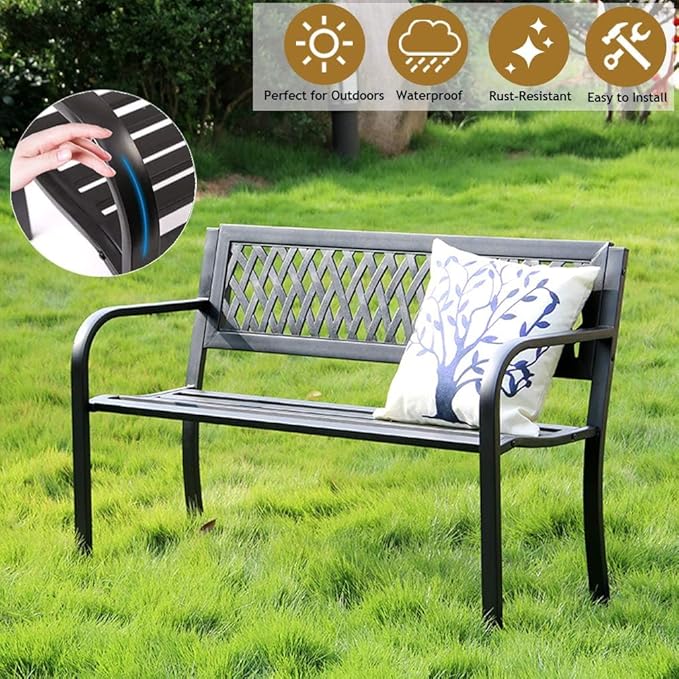 Patio Bench - Outdoor Metal Garden Bench with Armrests, 480lbs, Cast Iron, Sturdy Steel Frame, Black