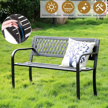 Patio Bench - Outdoor Metal Garden Bench with Armrests, 480lbs, Cast Iron, Sturdy Steel Frame, Black