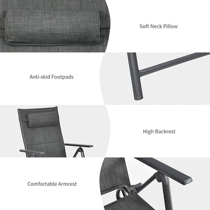 Tangkula 2 Pieces Patio Chaise Lounge W/Wheels, Outdoor Folding Padded Lounge Chair W/ 7-Position Backrest, Removable Headrest, Aluminum Reclining Chair, Suitable for Deck, Porch, Poolside (2, Grey)