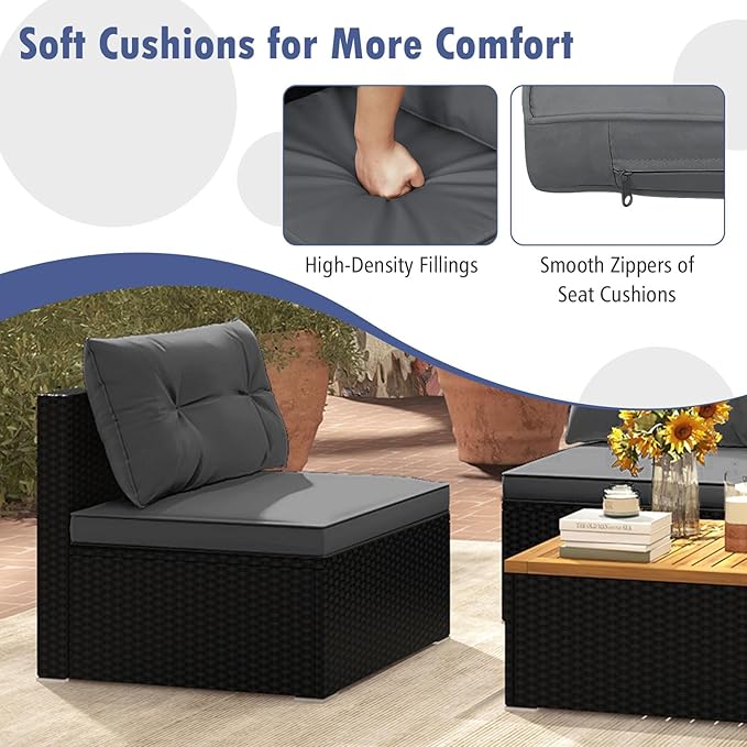 Tangkula 5 Piece Rattan Sofa Set, Outdoor Wicker Furniture Set w/Seat & Back Cushions, Square Coffee Table, Patio Sofa Set for Backyard, Poolside (Grey)