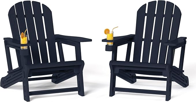 Costaelm Cayman Hardware-Free Assembly Outdoor Patio HDPE Poly Plastic Adirondack Chair with Cup Holder (Set of 2), Navy Blue