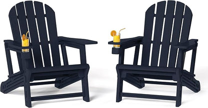 Costaelm Cayman Hardware-Free Assembly Outdoor Patio HDPE Poly Plastic Adirondack Chair with Cup Holder (Set of 2), Navy Blue