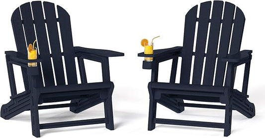 Costaelm Cayman Hardware-Free Assembly Outdoor Patio HDPE Poly Plastic Adirondack Chair with Cup Holder (Set of 2), Navy Blue