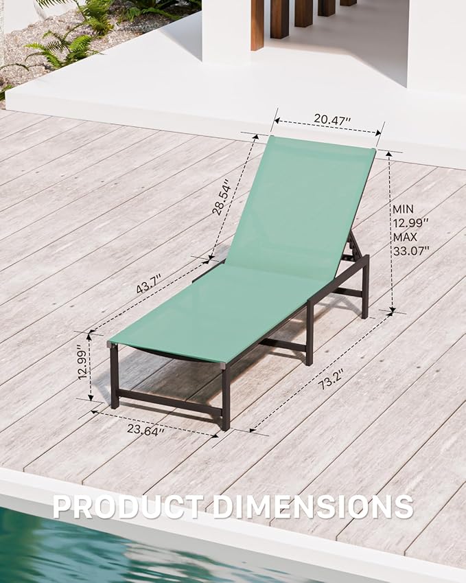 Chaise Lounge Chair Outdoor,Aluminum Patio Lounge Chairs Set of 2,Pool Lounge Chairs with 5 Adjustable Backrest and Headrest Pillows for Outside Beach，Green