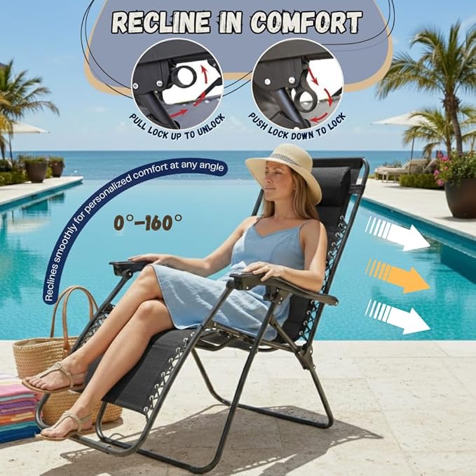 EZONE Zero Gravity Lounge Chairs Outdoor Adjustable Reclining Patio Chair Steel Mesh Folding Recliner for Pool Beach Camping Lounge Chair with Pillows and Cup Tray (2, Black)