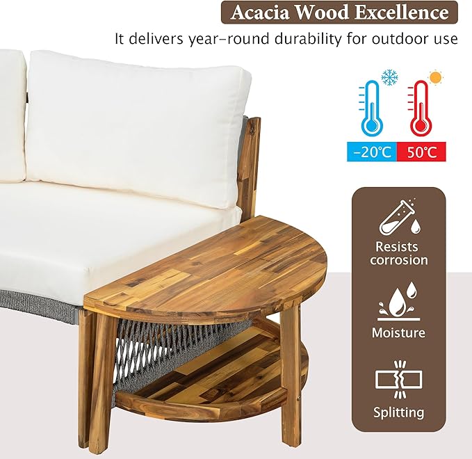 Quarte Outdoor Acacia Wood Round Sofa Set, Half-Moon Sectional Sets with Coffee Table, 6-Person Seating Group for Garden - Photo 7