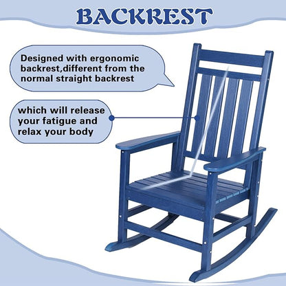 Outdoor Rocking Chair for Adults, High Back Patio Rocking Chair, HDPE All Weather Resistant Porch Rocker for Lawn, Porch, Backyard, Indoor and Garden (Navy Blue)