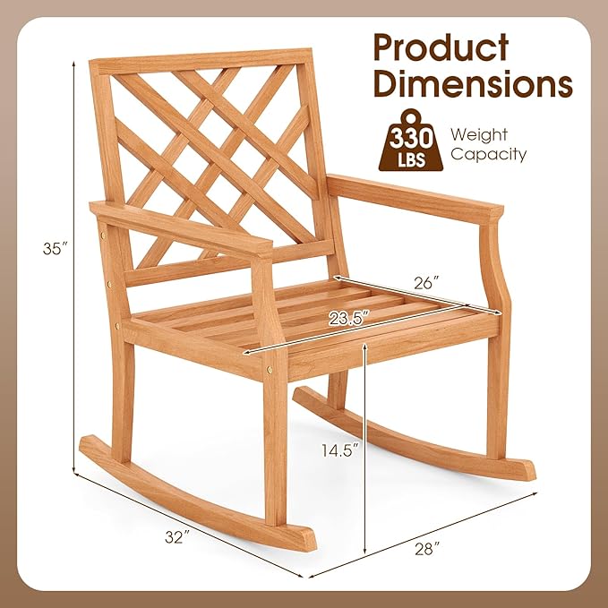Tangkula Teak Wood Rocking Chair, Oversized Porch Rocker with Backrest and Slatted Seat, Outdoor Rocker Chair for Patio, Backyard and Lawn, 330 LBS Weight Capacity (1, 32 x 28 x 35 Inch)