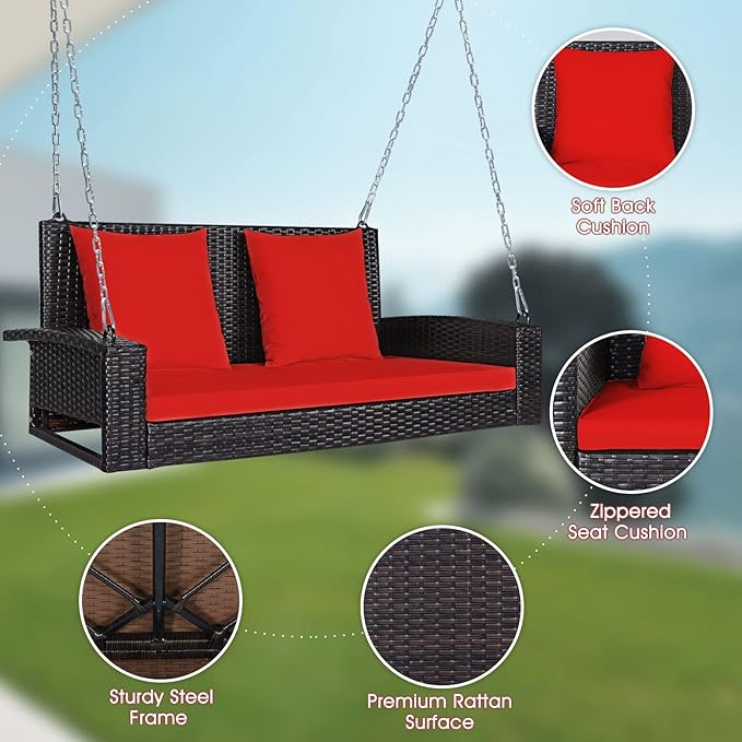 Tangkula 2-Person Wicker Porch Swing, Patiojoy Outdoor Rattan Hanging Swing Bench W/ 2 Back Cushions & 1 Seat Cushion - Photo 8