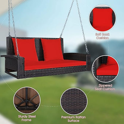 Tangkula 2-Person Wicker Porch Swing, Patiojoy Outdoor Rattan Hanging Swing Bench W/ 2 Back Cushions & 1 Seat Cushion, Sturdy Steel Chain, 800lbs Weight Capacity