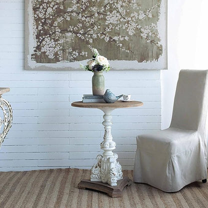 Patio Round Wood Side Table French Country Circle End Table Small Coffee Tables Drink Table with Pedestal Bedside Tables Nightstand for Small Spaces Living Room Distressed White & Wood