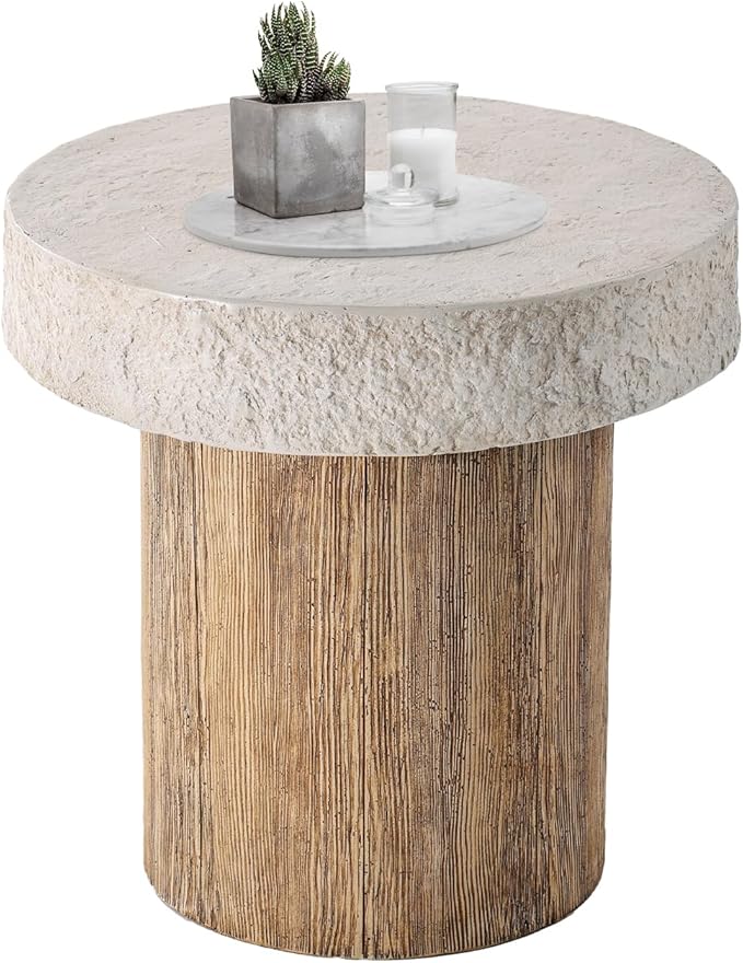 HOMPUS Outdoor Dining Table, Concrete Coffee Table Round, 20 inches with MgO Tabletop, Antique Beige for Patio, Garden, Backyard