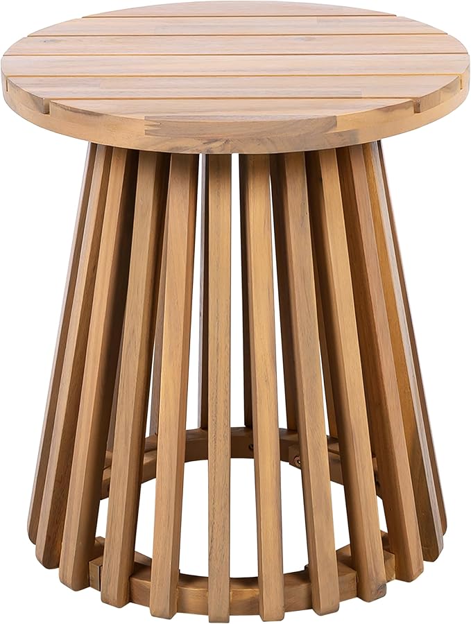 Merax Outdoor Acacia Wood Coffee Table 15.75" Round Patio Side Table for Backyard Lawn Balcony, Aesthetic Slat Base Design (Light Teak)