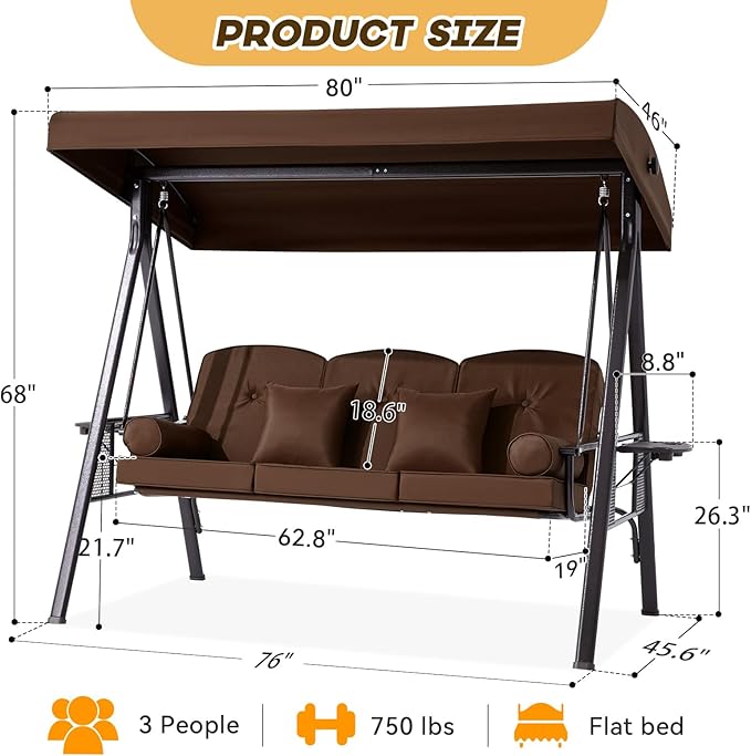 3 in 1 Outdoor Porch Swing with Canopy, 3 Seat Outdoor Swing for Adults, Patio Swing Chair with Thickened Cushions - Photo 8