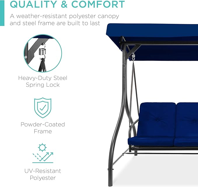 Best Choice Products 3-Seat Outdoor Large Converting Canopy Swing Glider, Patio Hammock Lounge Chair for Porch - Photo 3