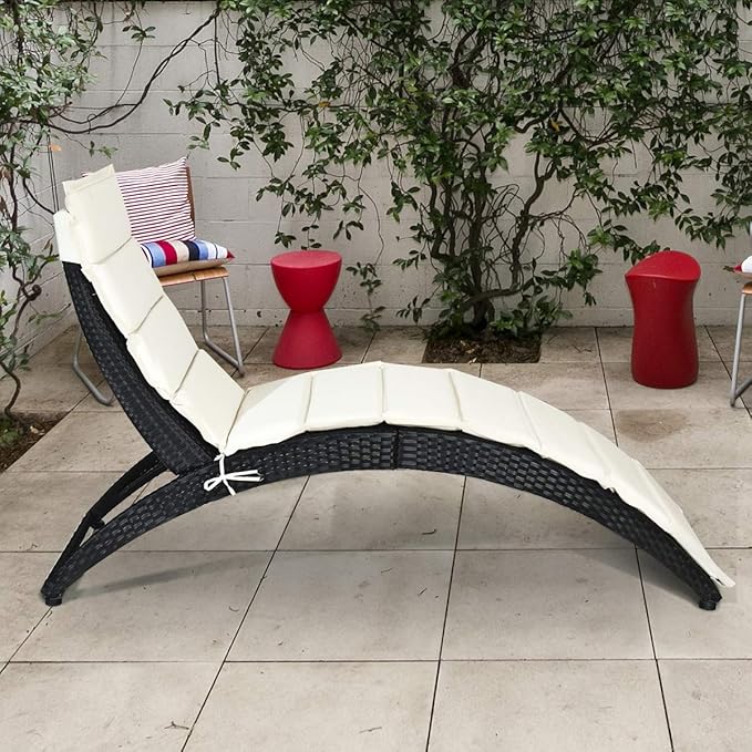 HAPPYGRILL Modern White Rattan & Steel Foldable Patio Lounge Chair - Outdoor Wicker Chaise Lounger with Cushion - Patio - Photo 4