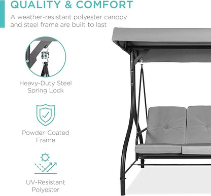 Best Choice Products 3-Seat Outdoor Large Converting Canopy Swing Glider, Patio Hammock Lounge Chair for Porch, Backyard w/Flatbed, Adjustable Shade, Removable Cushions - Fog Gray