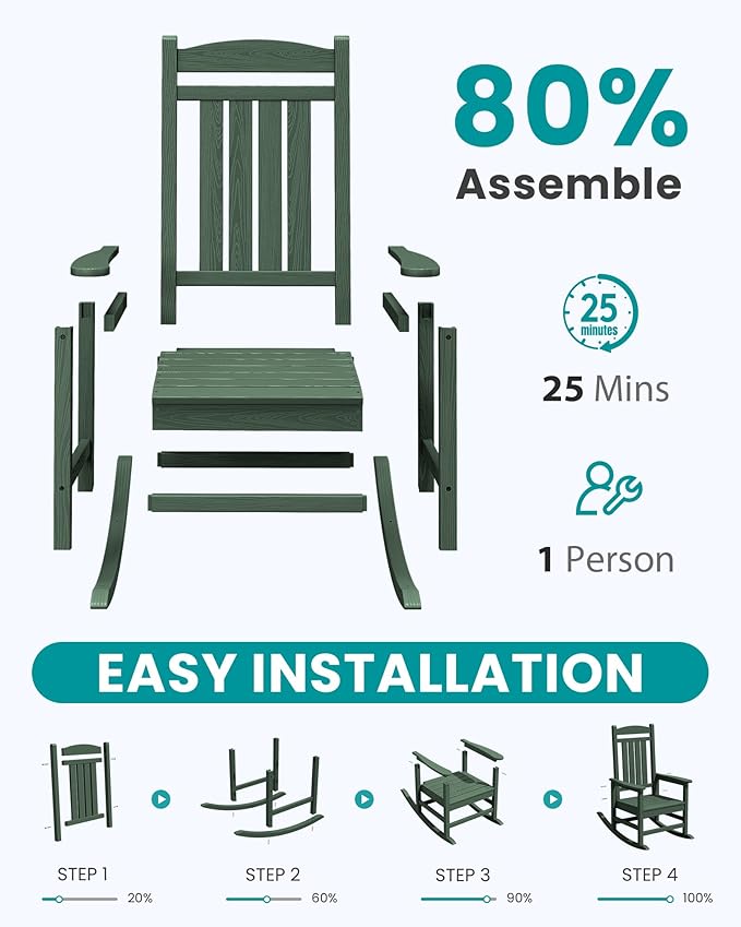 SERWALL HDPE Outdoor Rocking Chair Set of 2, Oversized Patio Rocking Chairs, All-Weather Porch Rockers for Adults, Green