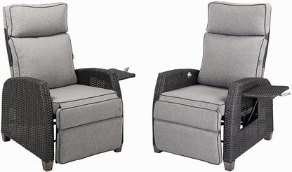 Grand patio Outdoor Reclining Chairs with Extended Footrest 2-Piece Adjustable WickerPatio Lounge Recliner up to 15 with Flip Side Table, Cool Grey