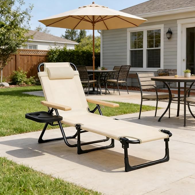 Folding Outdoor Chaise Lounge Chair, Portable Camping Cot with Headrest, 4 Position Beach Lounge with Cup Holders & Wooden Armrests, Sun Tanning Chair for Patio Pool Lawn, Supports 350lbs (Beige)