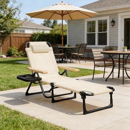 Folding Outdoor Chaise Lounge Chair, Portable Camping Cot with Headrest, 4 Position Beach Lounge with Cup Holders & Wooden Armrests, Sun Tanning Chair for Patio Pool Lawn, Supports 350lbs (Beige)