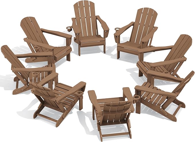 SERWALL Folding Adirondack Chair Set of 8, Reclining Adirondack Chair with 3 Recline Positions, All Weather HDPE Outdoor Adirondack, Brown