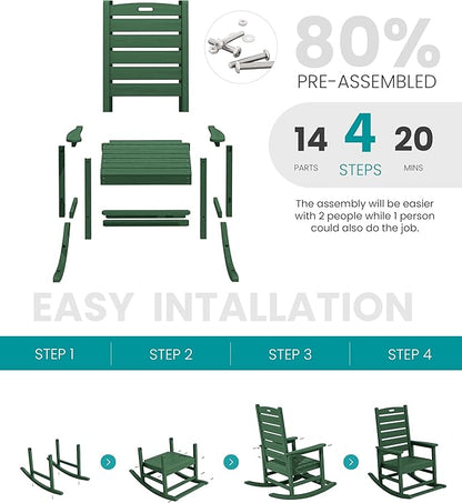 SERWALL Outdoor Rocking Chair Set of 2, Oversized Rocking Chair with Footboard for Adults, HDPE All Weather Resistant Rocking Chairs for Patio, 350lbs Weight Capacity,Green