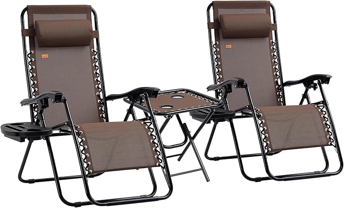 Outsunny Zero Gravity Chair Set with Side Table, Folding Reclining Chair with Cupholders & Pillows, Adjustable Lounge Chairs for Pool, Backyard, Lawn, Beach, Brown