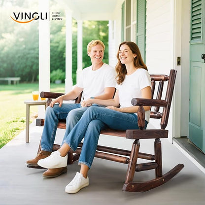 VINGLI Fir Wood Double Rocking Chair for Porch & Garden - 550lb Capacity Weather-Resistant Outdoor Glider Bench with High Backrest, Patio Rocker for Couples Backyard, Deck, Rustic