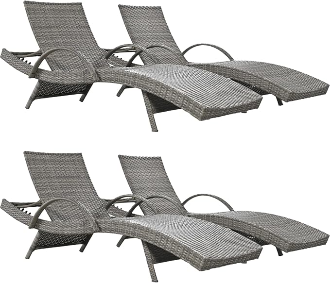 80.3” Outdoor Chaise Lounge, Grey Pool Lounge Chairs Set of 4, Wicker Recliner Chair with Pull-Out Side Table - Photo 1