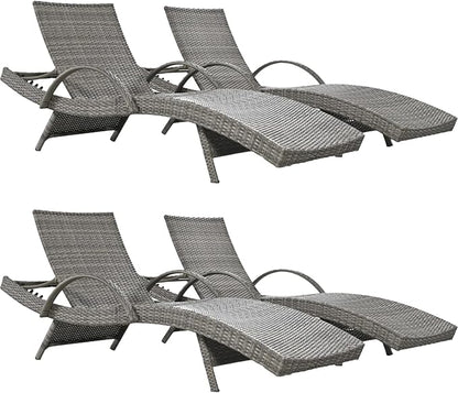 80.3” Outdoor Chaise Lounge, Grey Pool Lounge Chairs Set of 4, Wicker Recliner Chair with Pull-Out Side Table, Adjust Back Patio Sunbathing Lounge Chairs for Outside, Garden, Deck, Backyard