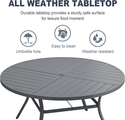 VICLLAX 50" Round Patio Dining Table for 6, All Weather Metal Outdoor Table with 1.57" Umbrella Hole and Surdy Frame for Garden Lawn Deck, Dark Grey