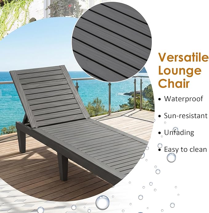Tangkula Chaise Lounge Chair Outdoor, Lightweight Patio Lounge Recliner Chair with Adjustable Backrest, 5 Reclining Positions Chaise Lounger for Patio, Beach, Balcony, Poolside, Backyard (2, Gray)