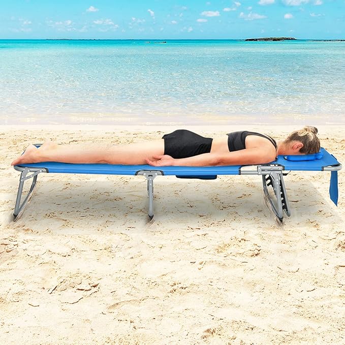 Tangkula Tanning Chair with Face Hole, Patio Folding Adjustable Reclining Beach Sunbathing Lounge Chair with Side Pocket - Photo 4