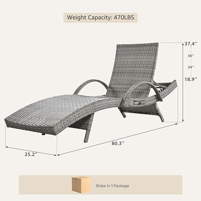 Set of 2 Gray Outdoor Chaise Lounge Chairs, Wicker Patio Lounge Chairs with Adjustable Backrest and Armrests, Durable PE Rattan Pool Chair for Patio, Poolside and Garden
