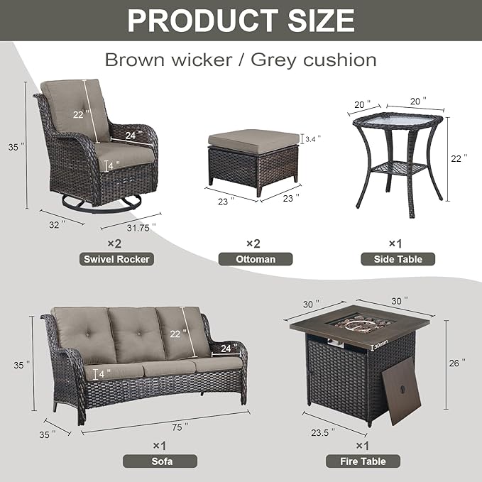 Belord Patio Furniture Set with Fire Pit Table, 7 Piece Wicker Outdoor Furniture Set - Photo 2
