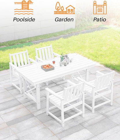 HDPE Outdoor Dining Set of 6, Patio Dining Table Set with 4 Chairs and 1 Bench, 6 Pieces HDPE Dining Set with Umbrella Hole, Outdoor Furniture Sets for Deck, Poolside, Garden, Pearl