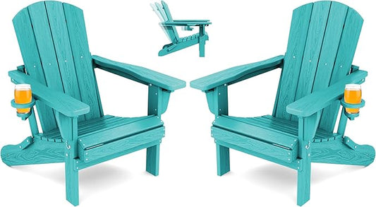 SERWALL Folding Adirondack Chair Set of 2, Adjustable Adirondack Chair with 3 Recline Positions, All Weather HDPE Outdoor Adirondack with Cup Holders, Aruba