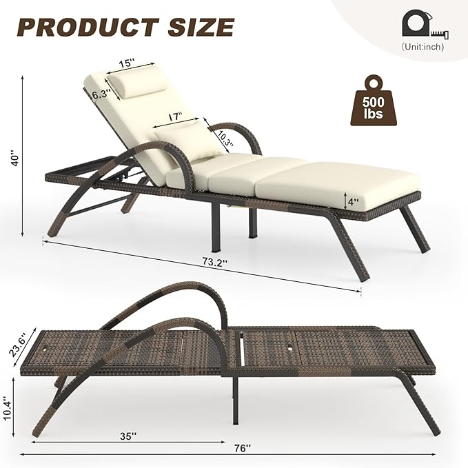 MEISSALIVVE Outdoor Lounge Chairs Set of 2, Patio Chaise Loungers with Adjustable 5-Position & Leg Support, PE Rattan Chaise Lounge, Wicker Pool Recliners Chair for Backyard, Porch, Deck,（Brown