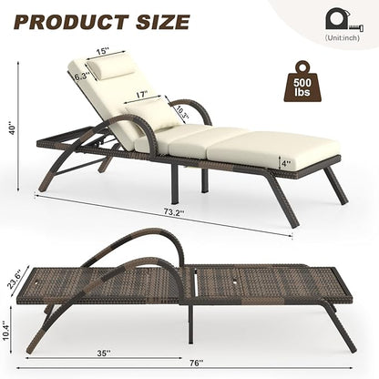MEISSALIVVE Outdoor Lounge Chairs Set of 2, Patio Chaise Loungers with Adjustable 5-Position & Leg Support, PE Rattan Chaise Lounge, Wicker Pool Recliners Chair for Backyard, Porch, Deck,（Brown
