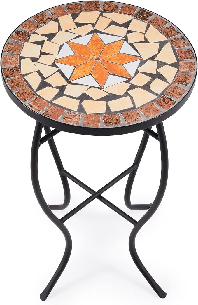 VONLUCE Mosaic Side Table and Plant Stand, 21" Round End Table with 14" Ceramic Tile Top, Indoor & Outdoor Accent Table - Photo 9