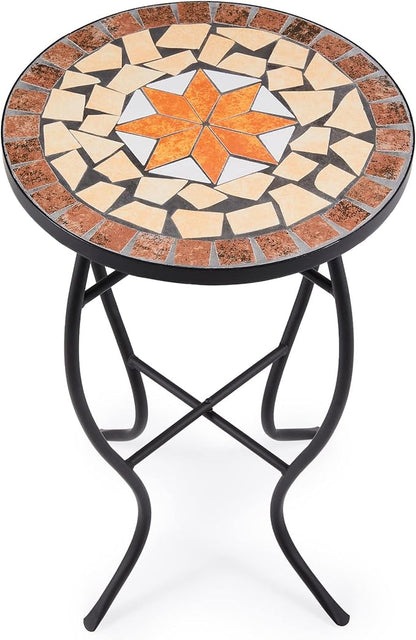 VONLUCE Mosaic Side Table and Plant Stand, 21" Round End Table with 14" Ceramic Tile Top, Indoor & Outdoor Accent Table, Porch Patio Furniture, Entryway & Coffee Table for Home & Garden, Maple