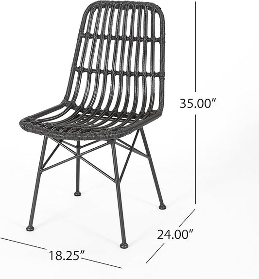 Christopher Knight Home Poppy Rattan Outdoor Dining Chairs Set of 2, Sturdy Metal Frame Patio Dining Chair Set for Backyard/Poolside, Slatted Armless Garden Chair, Sleek Open-Weave Design, Grey