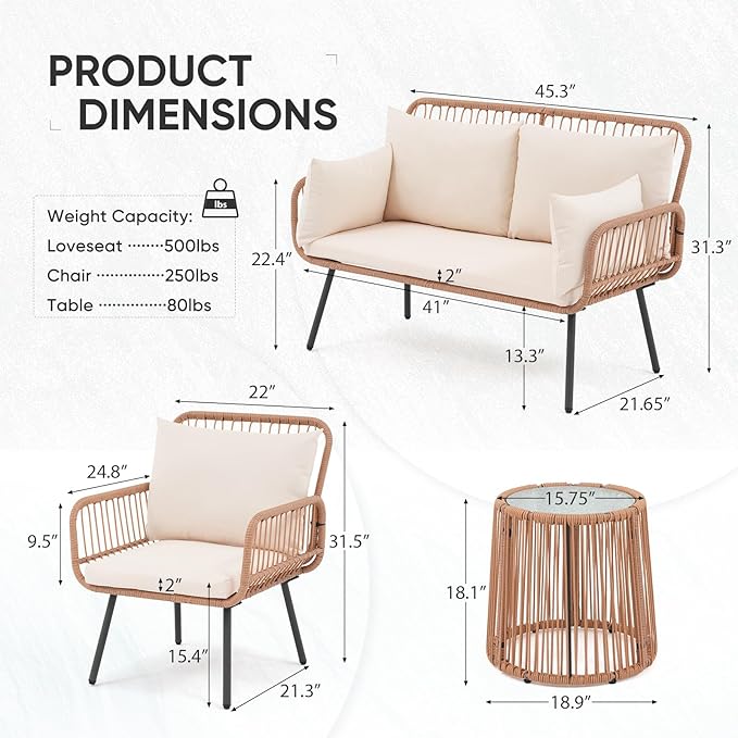 Verano Garden 4 Pieces Patio Balcony Furniture Set, Outdoor Wicker Patio Conversation Set, Patio Sectional Table and Chairs Set of 4 with Cushion, Pillow & Table (Cream White, 4PCS Conversation Set)